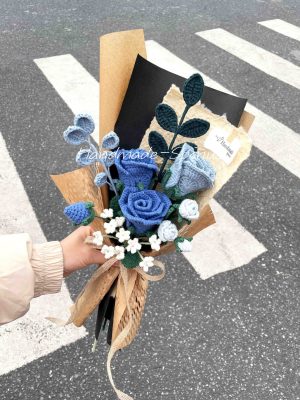 Blue Roses Crochet Knit Flowers Bouquet