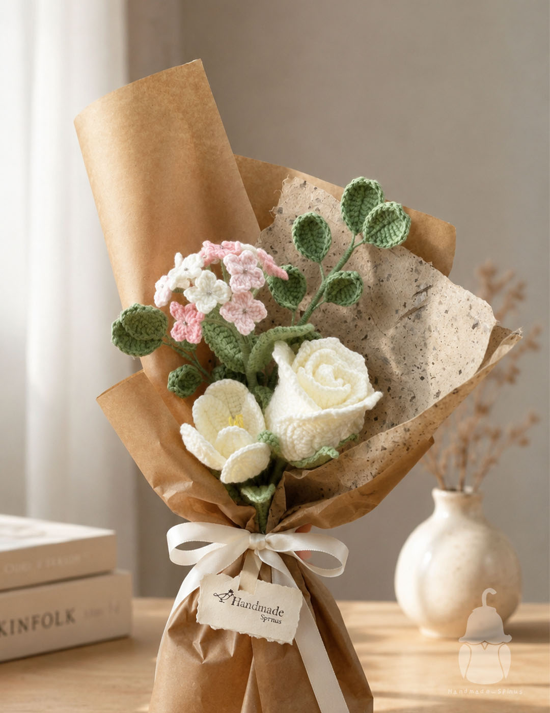 White Rose Crochet Bouquet | Handmade Designer Gift | Spinus Studio