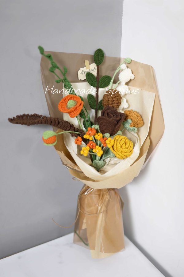 Brown Orange Autumn Charm Crochet Knit Bouquet