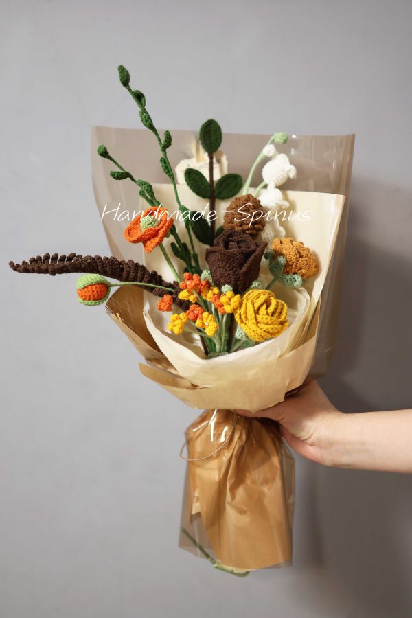 Brown Orange Autumn Charm Crochet Knit Bouquet